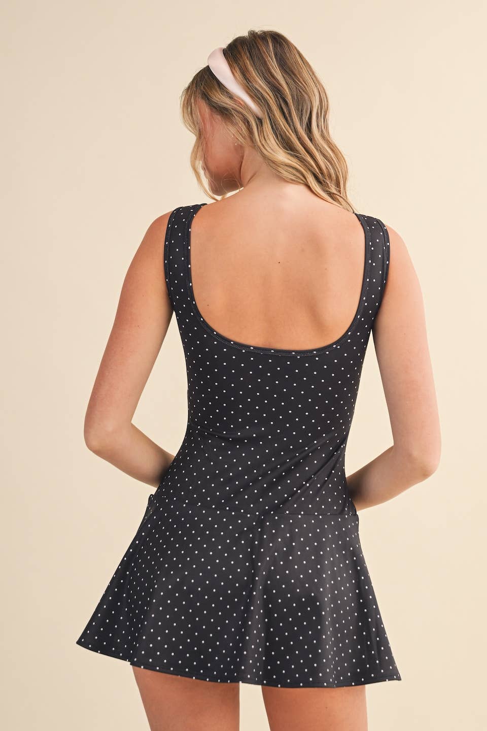 Polka Dot Print A-Line Mini Dress with Drop Waist: Brown Polka Dot / S