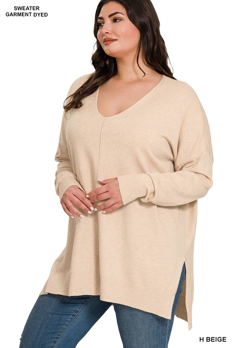 Plus Hi-Low Hem V-Neck Center Seam Sweater: H LT NAVY / 3-2 (1XL/2XL-2XL/3XL)