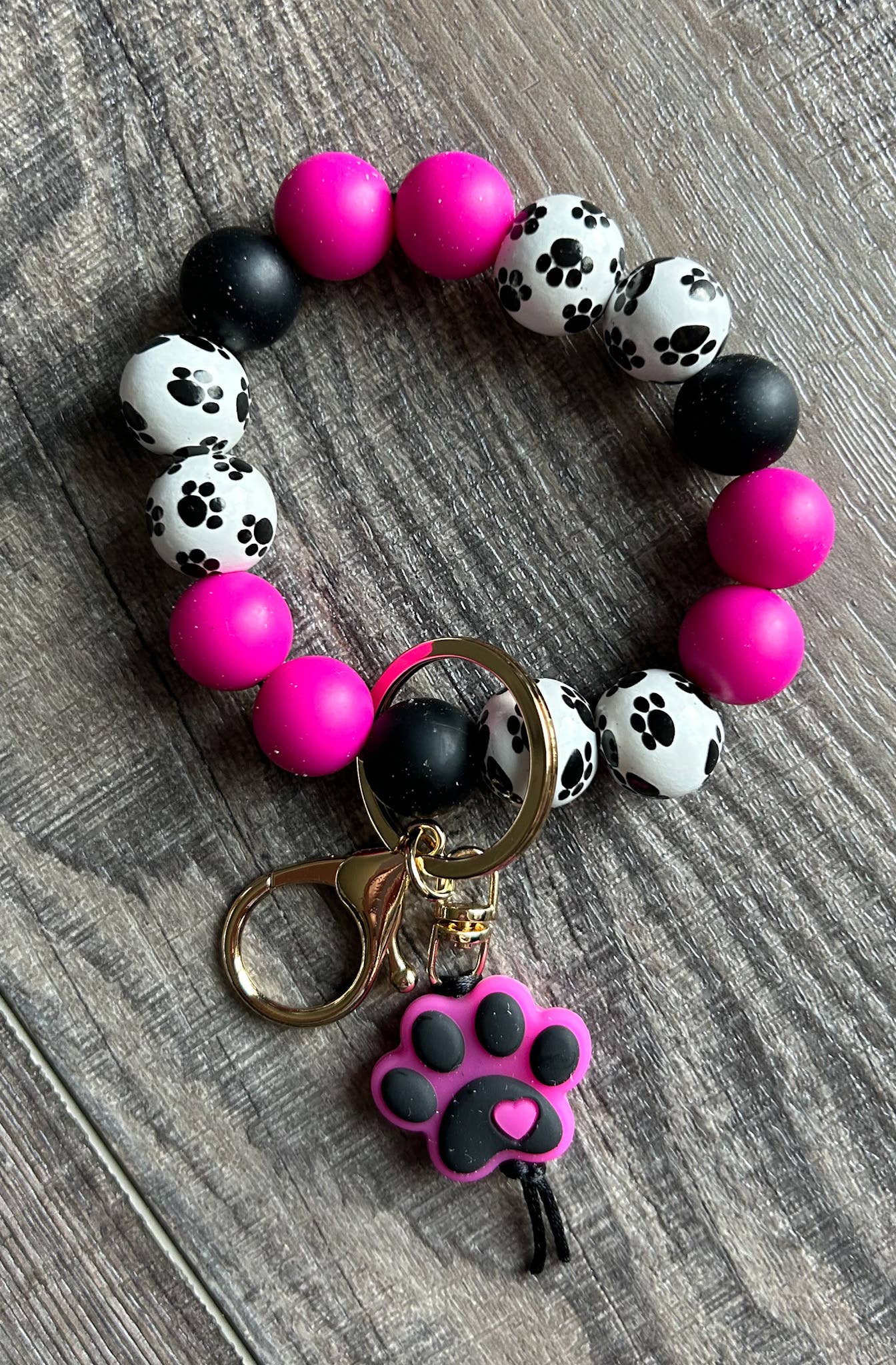 Paw Print Silicone and Wooden Bead Wristlet Keychain: Teal