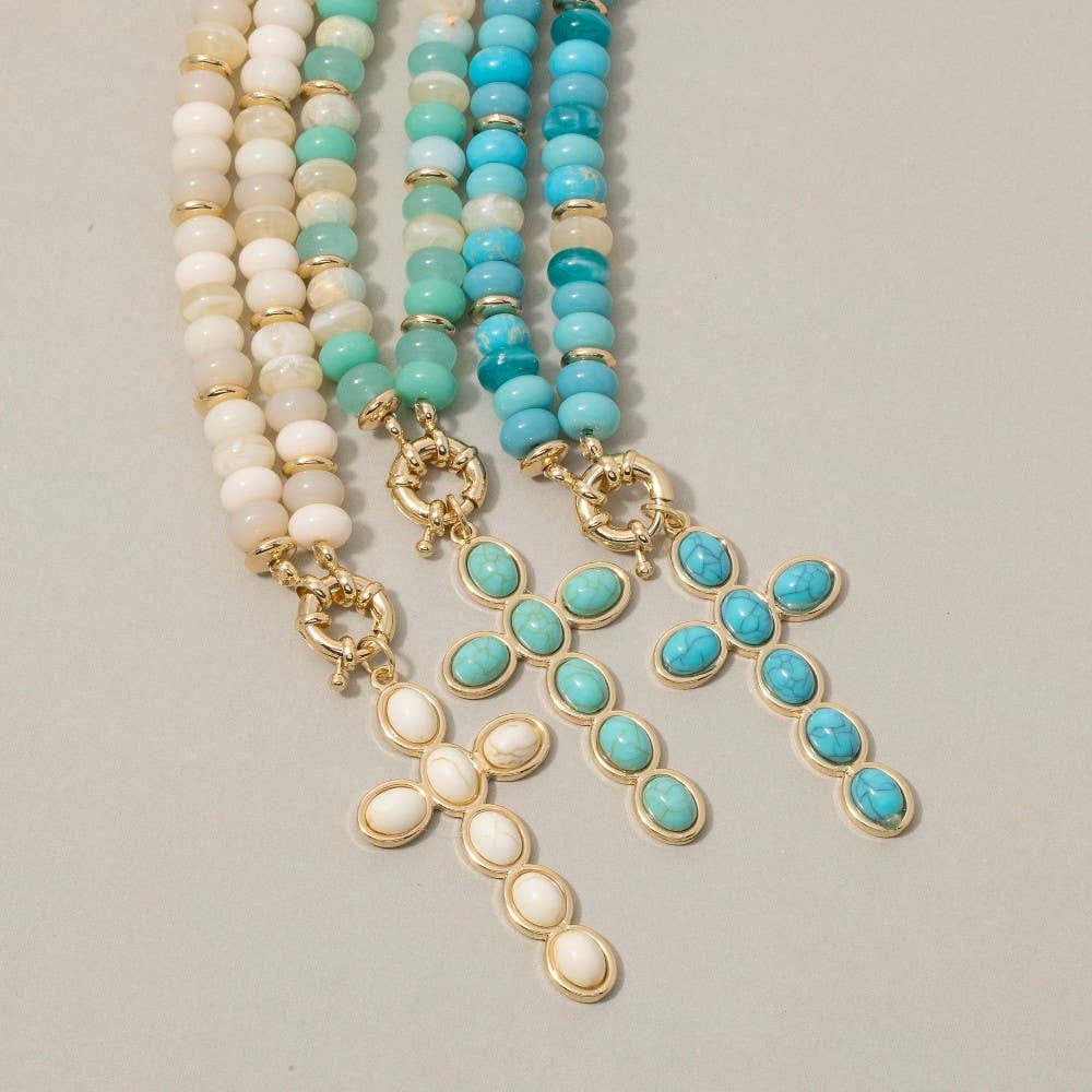 Semi Precious Stone Cross Pendant Necklace: NAT