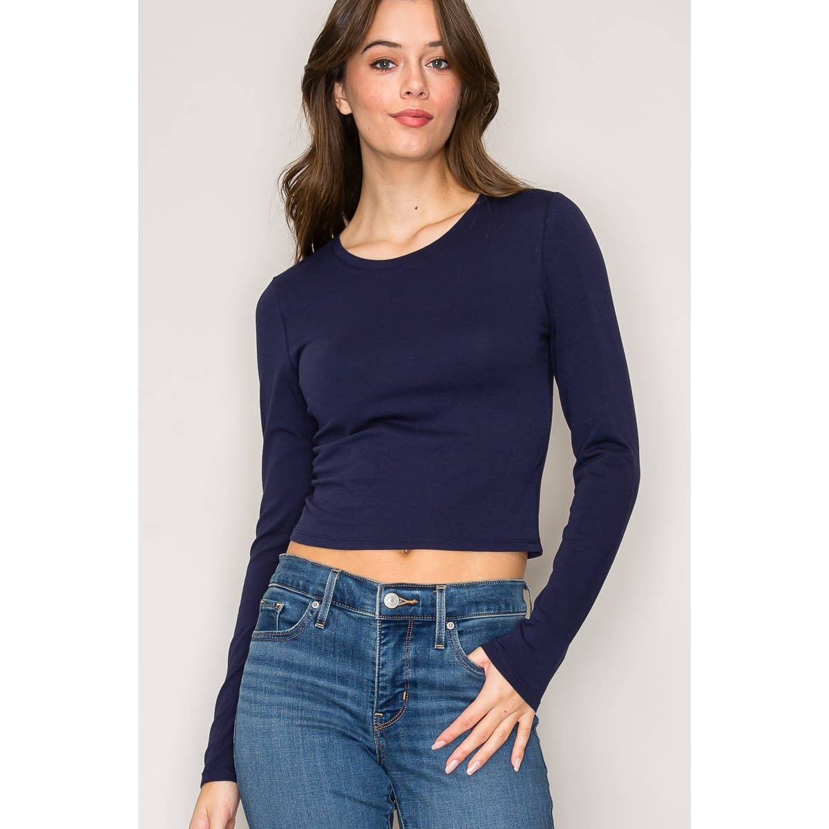 Crew Neck Long Sleeve Crop Top: Black / S-M-L(2-2-2)