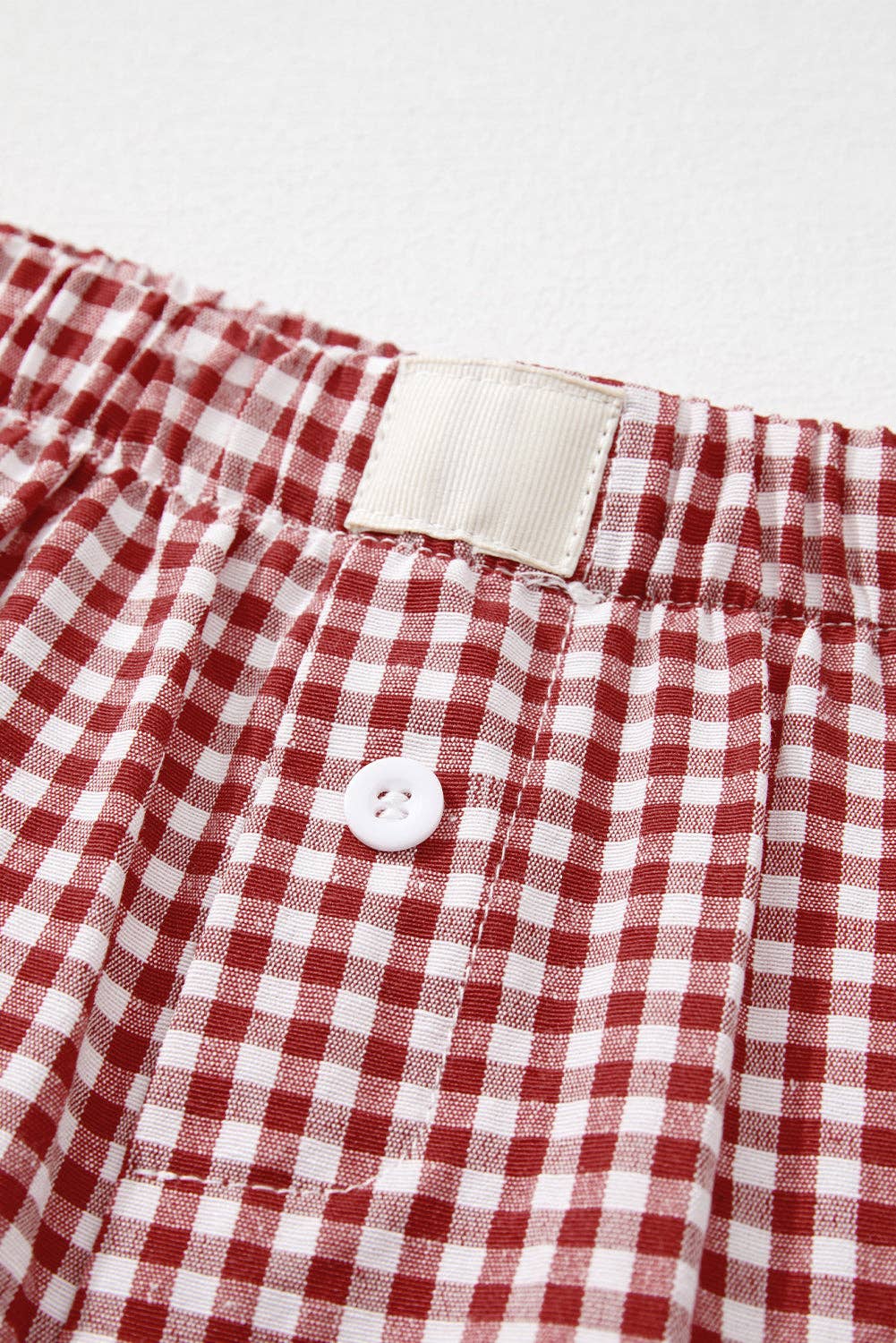 Red Gingham High Waisted Elastic Waist Summer Shorts: Red Stripe / 100%Polyester / S