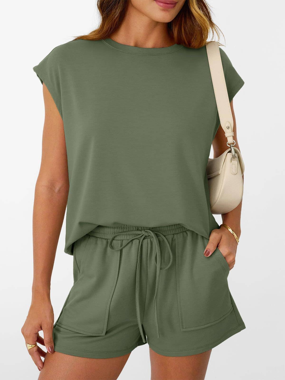 Womens Black Lounge Set Cap Sleeve Top and Shorts: Rose Red / 65%Polyester+30%Viscose+5%Elastane / L