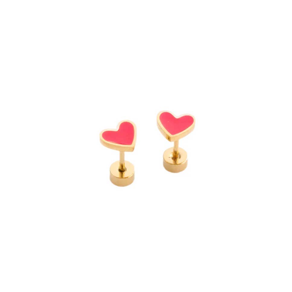 Enamel Heart Stud Earring - Hypoallergenic, Flat Back, Girl : Pink