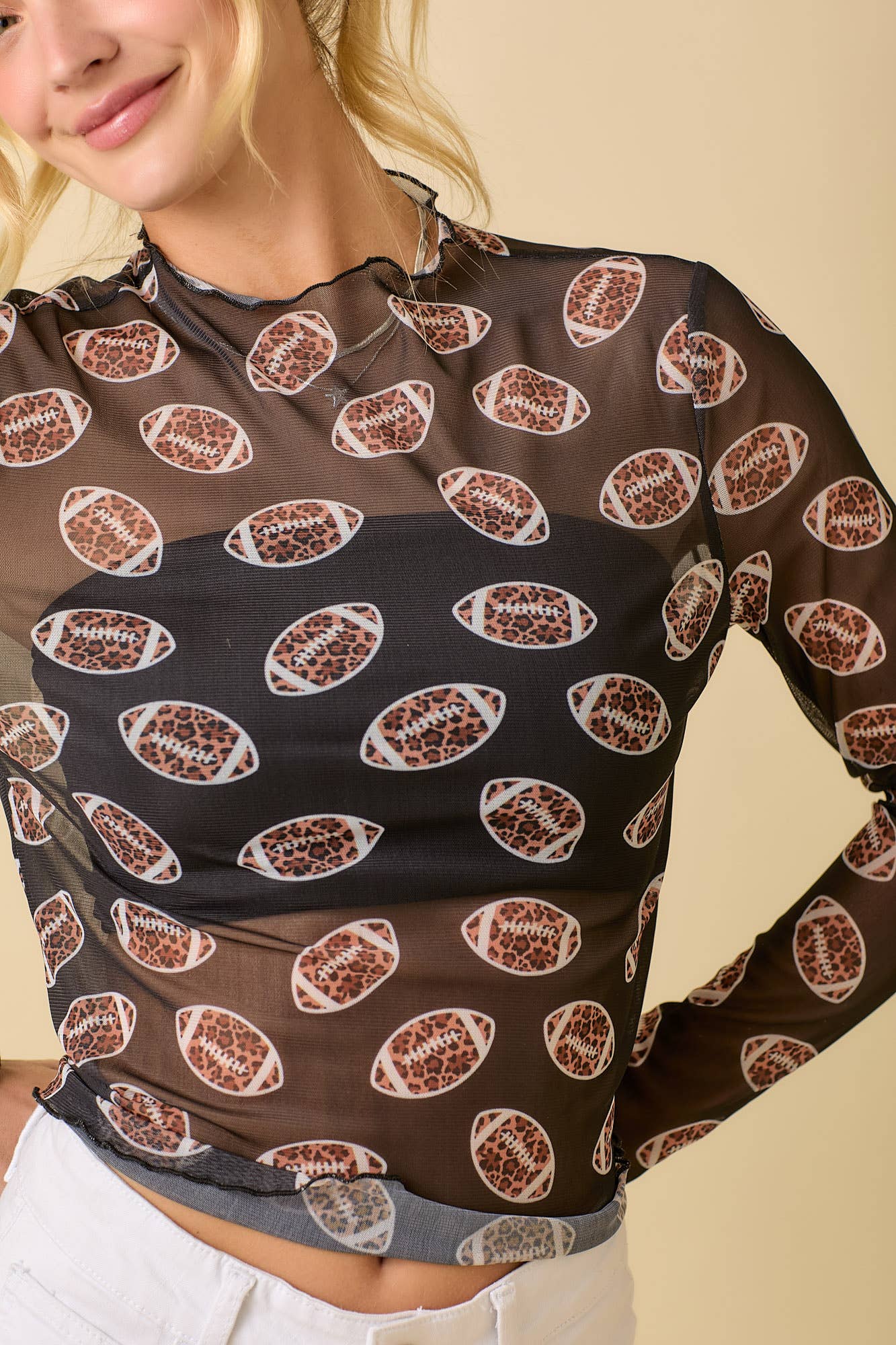 Leopard Print Football Long Sleeve Mesh Top: BLACK / L