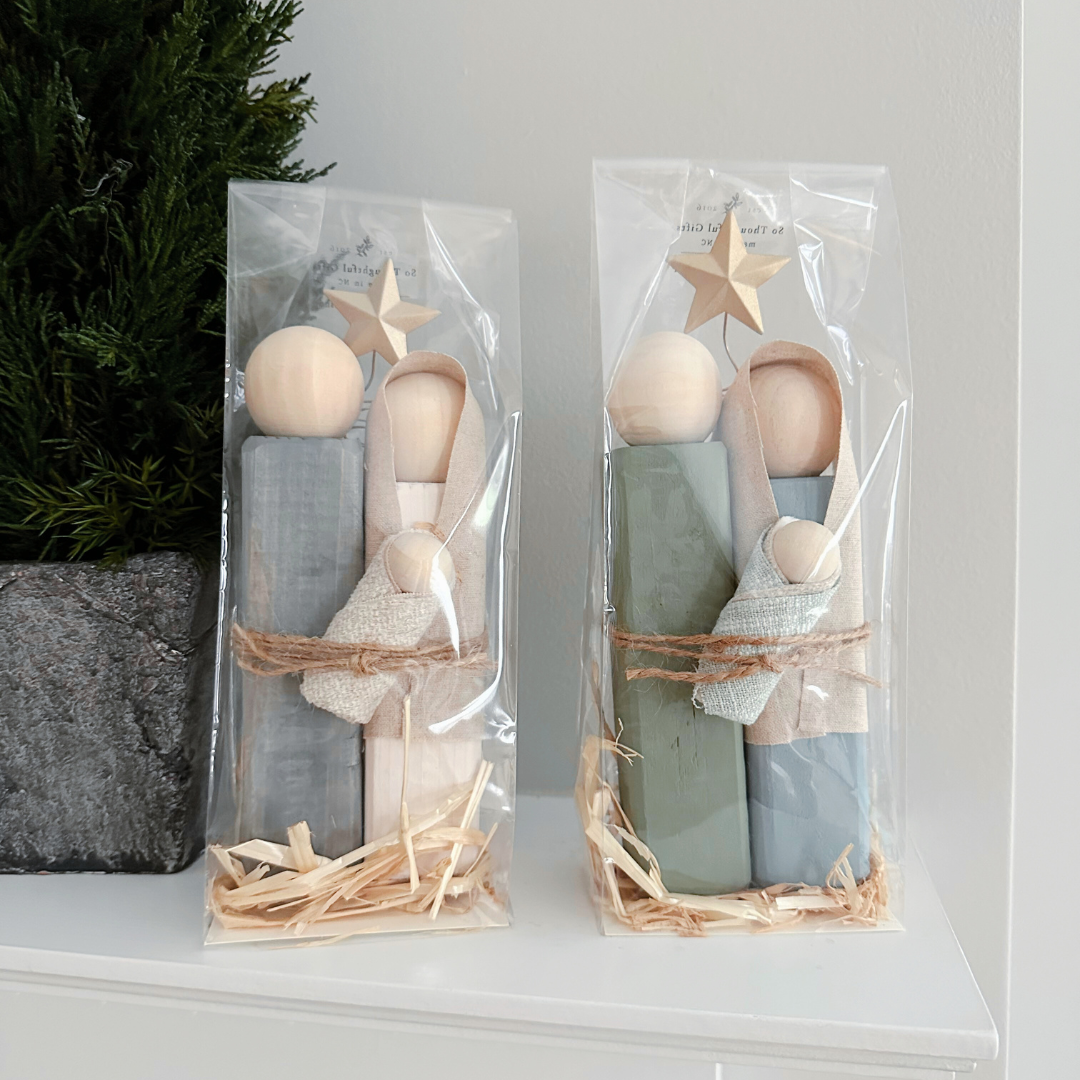 Simple Wooden Nativity Set | Hand-painted | Gift Wrapped: Gray & White