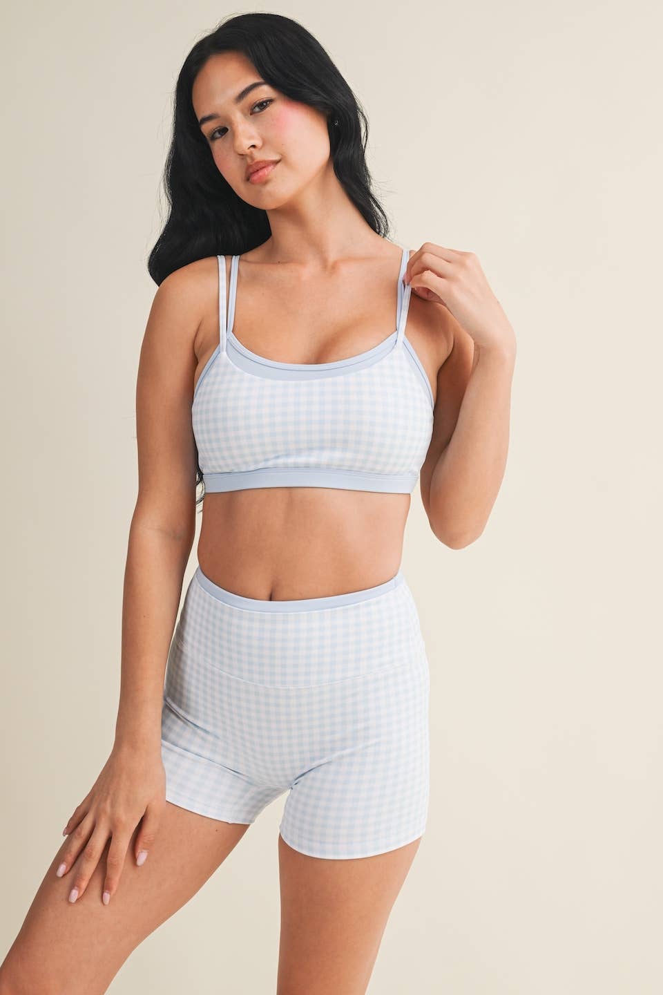 Gingham Print Double Layered Sports Bra: Red Gingham / S