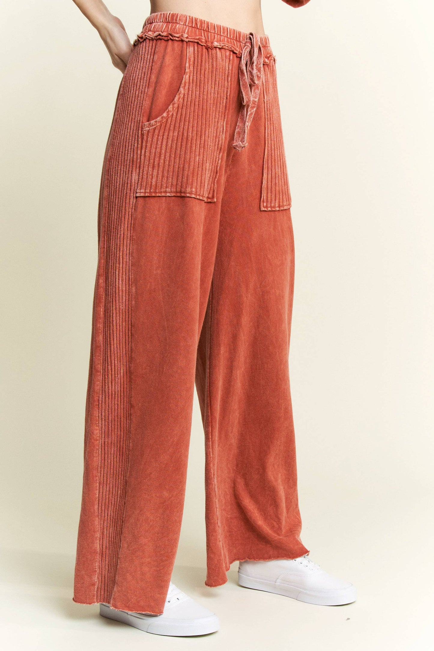 Mineral Wash Side Knit detail wide leg pants HE5878P: Midnight Green / S-M-L / 2-2-2