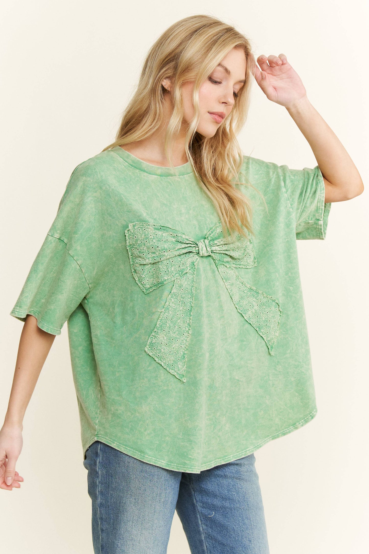 MineralWash Ribbon bow half sleeve shirt HT6308: Silver Grey / S-M-L / 2-2-2