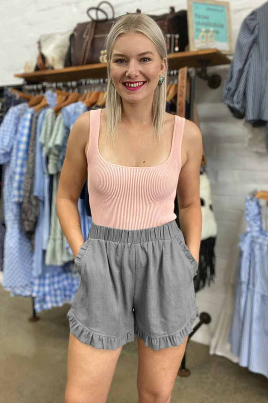 CWBSP0380_SUMMER CASUAL HIGH-WAISTED BAGGY SHORTS: Gray / (L) 1