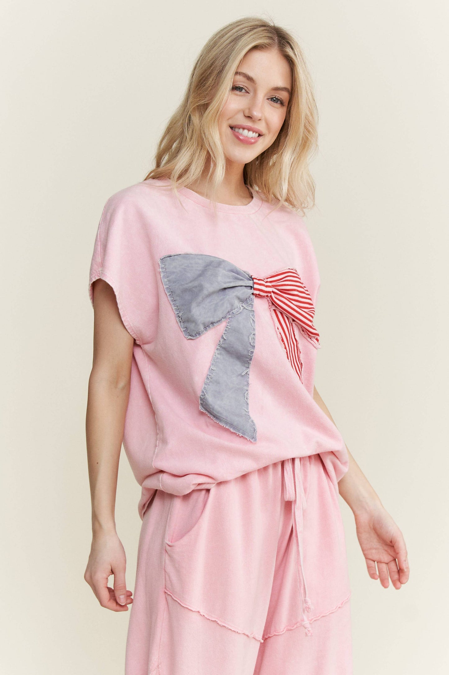 MineralWashed Americana Bow Sleeveless Blouse top HT5647P2: Cobalt