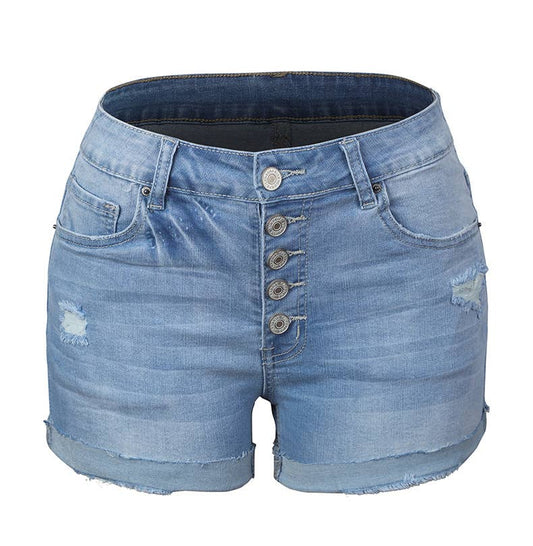 Stretch Button Denim Short: Blue / L