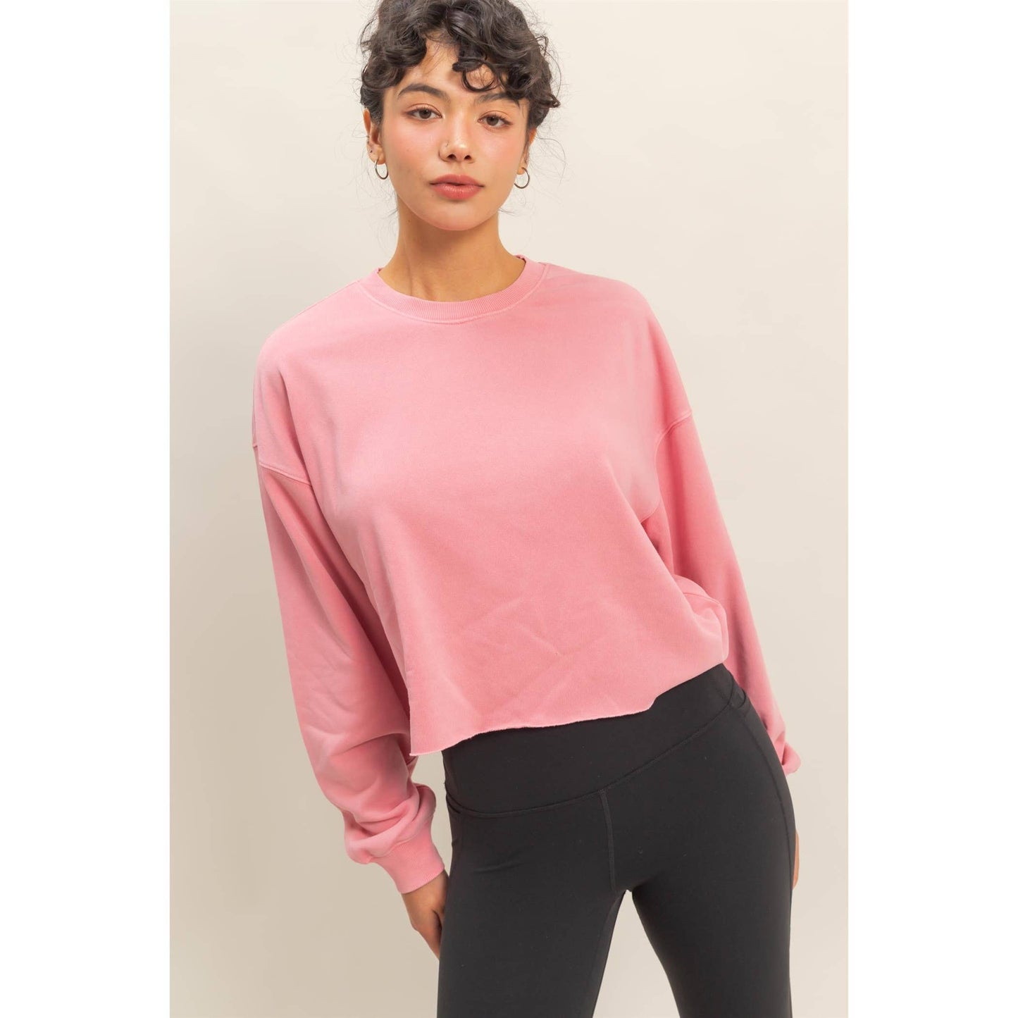 Cropped Crewneck Sweatshirt With Oversized Sleeves: DUSTY NAVY / S-M-L(2-2-2)