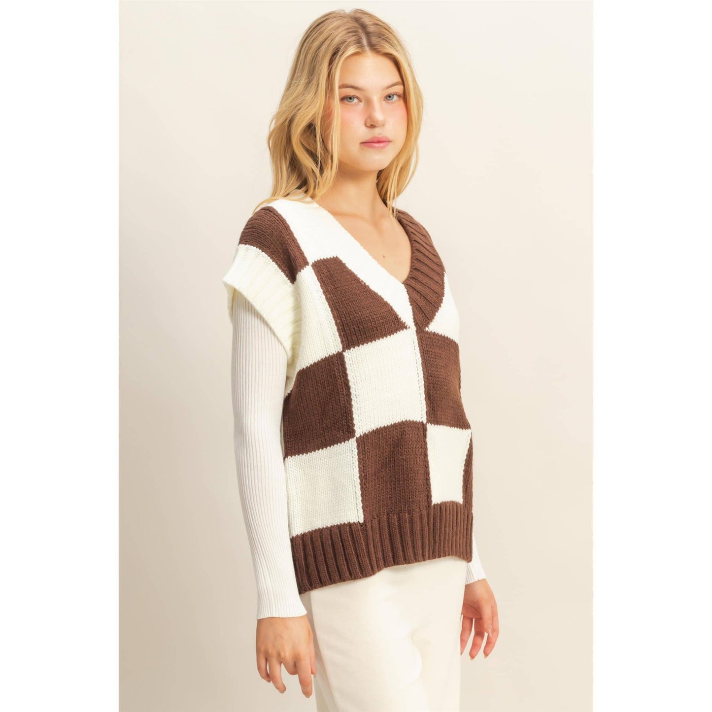 Checkered Sweater Vest: HOT PINK / S-M-L(2-2-2)