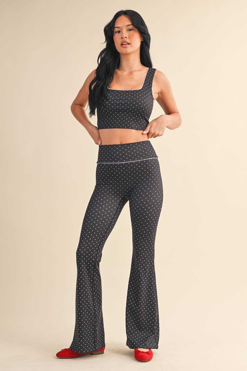 Polka Dot Print Crop Tank with Lace Trim: Black Polka Dot / M