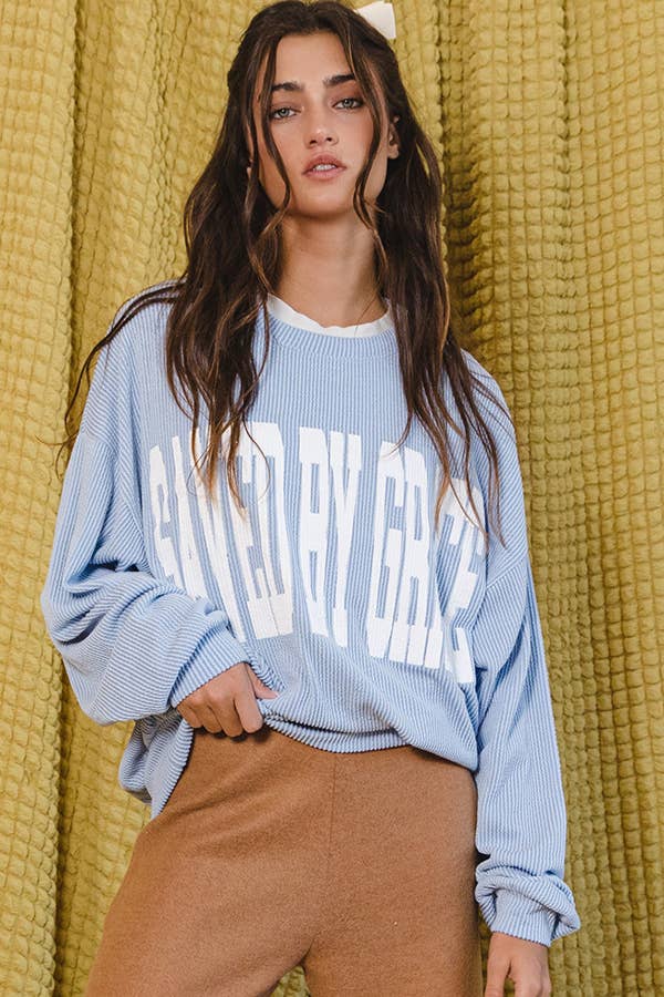 T1770-SBG  'SAVED BY GRACE' Graphic Sweatshirt Top: S-M-L (2-2-2) / SKY BLUE