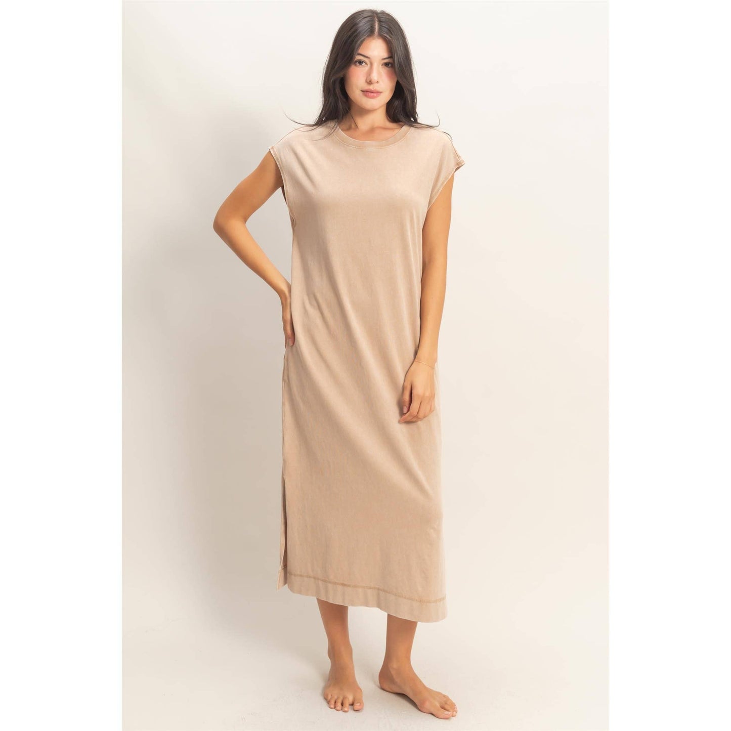 Mineral Wash Cap Sleeve Midi Dress: CHOCOLATE / S-M-L(2-2-2)