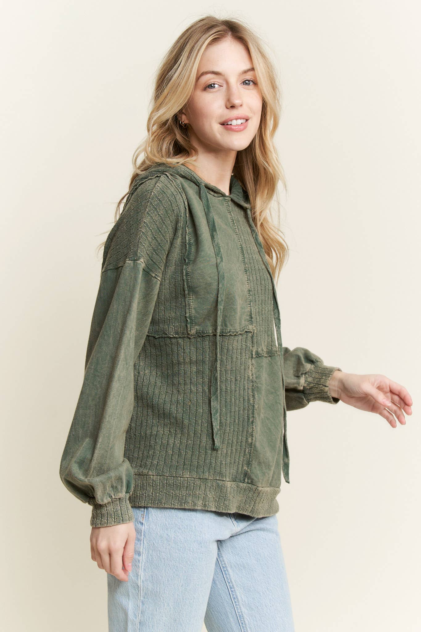 MineralWash Sweater block stitched hoodie shirt HT5969.: Olive / S-M-L / 2-2-2