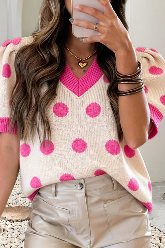 LDC Polka Dot Puff Short Sleeve V Neck Sweater Top: Pink / L