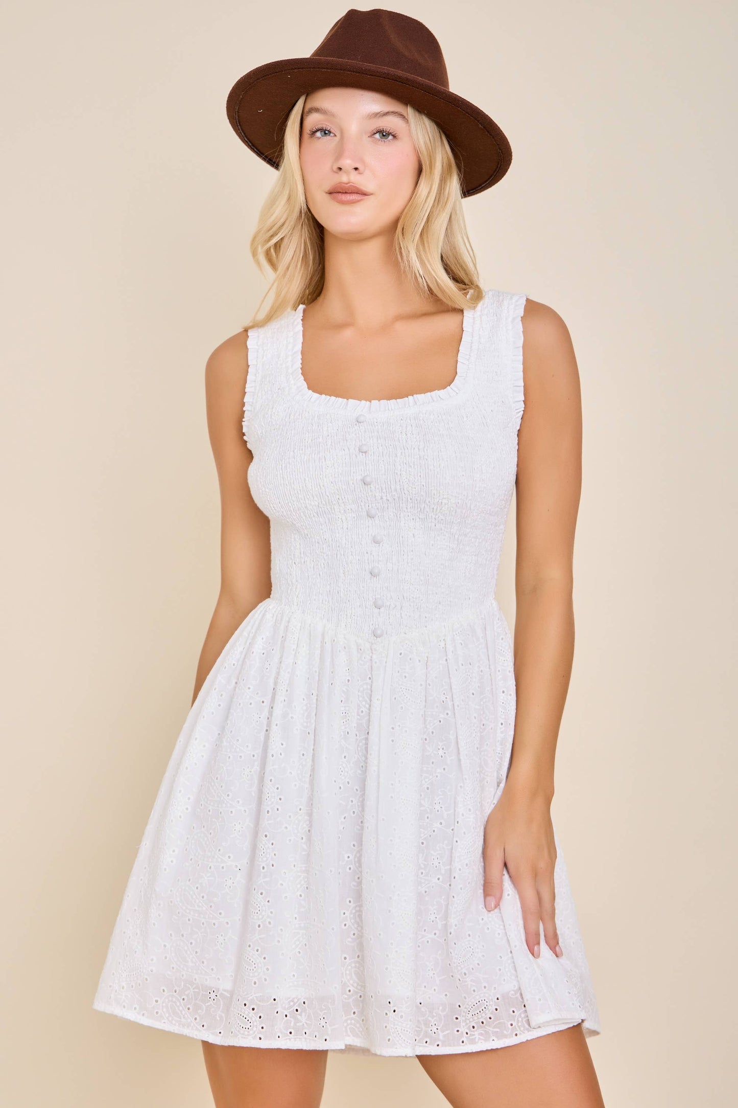 Eyelet Smocked Mini Dress – Sweet Feminine Spring Style: PINK / M