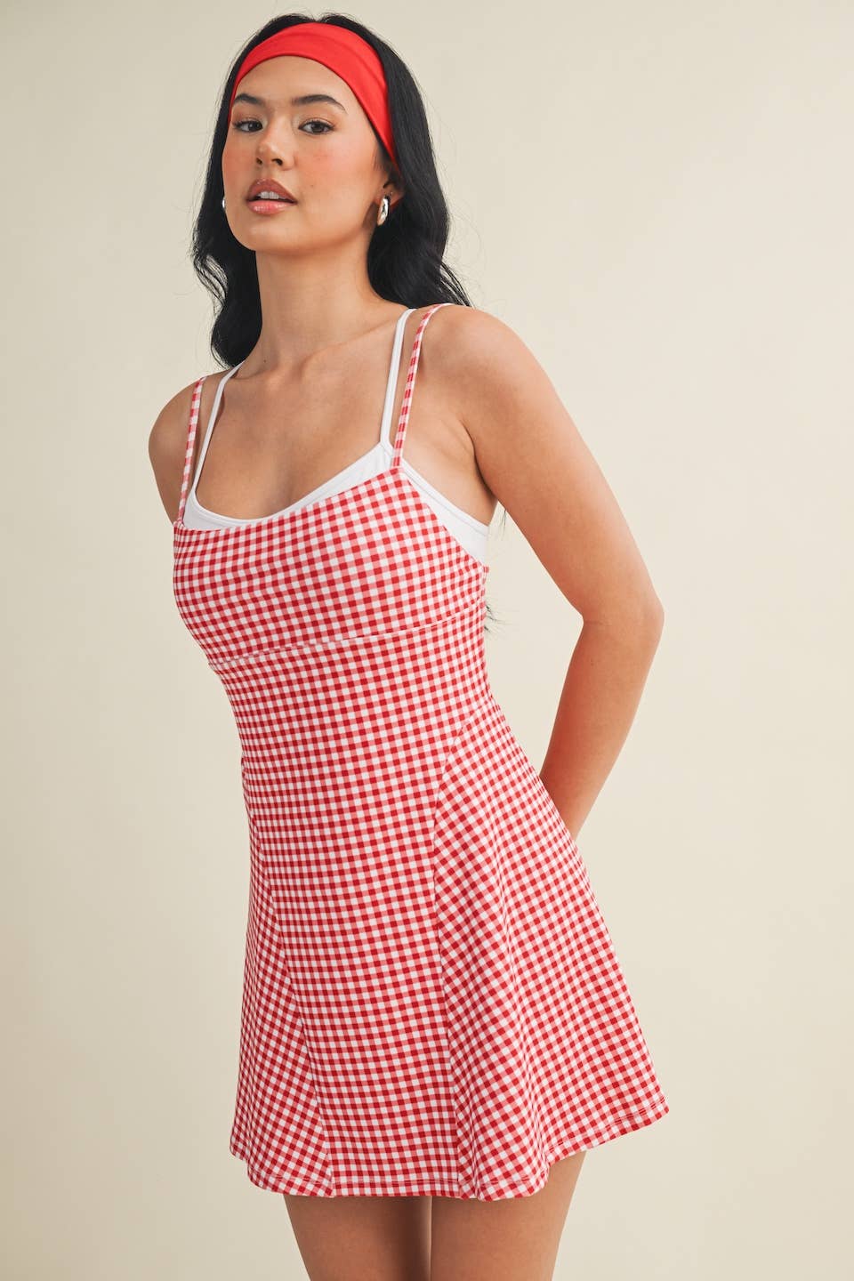 Gingham Print Double Layered Dress: Blue Gingham / M