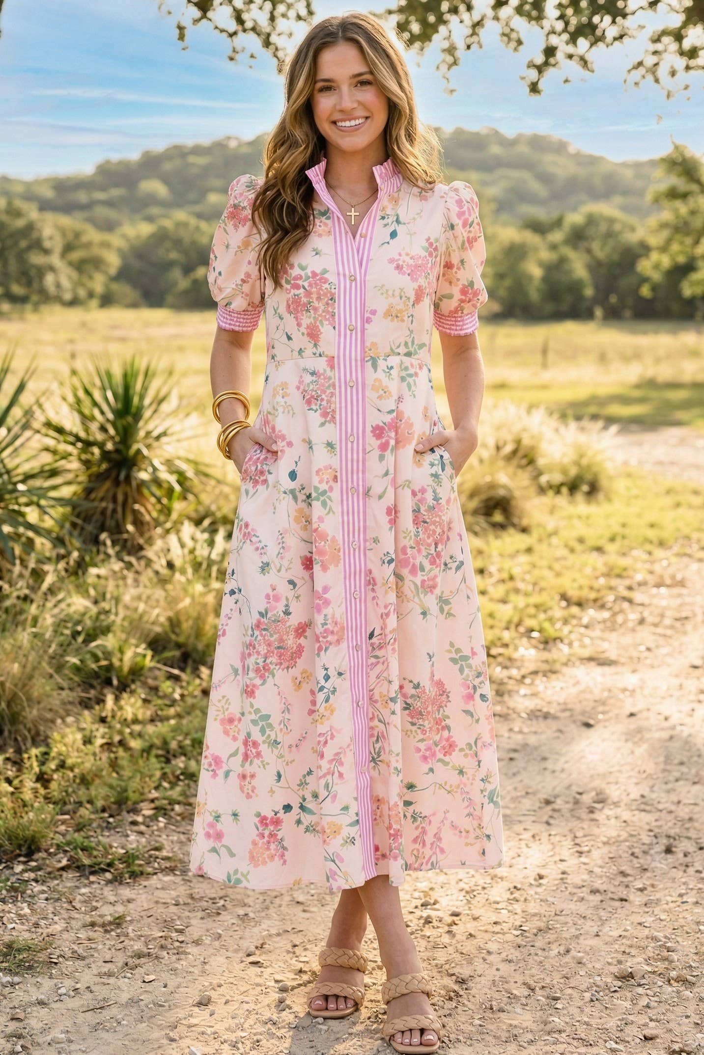 Floral Shirt Midi Dress: Light Pink / 2 S - 2 M - 2 L - 2 XL