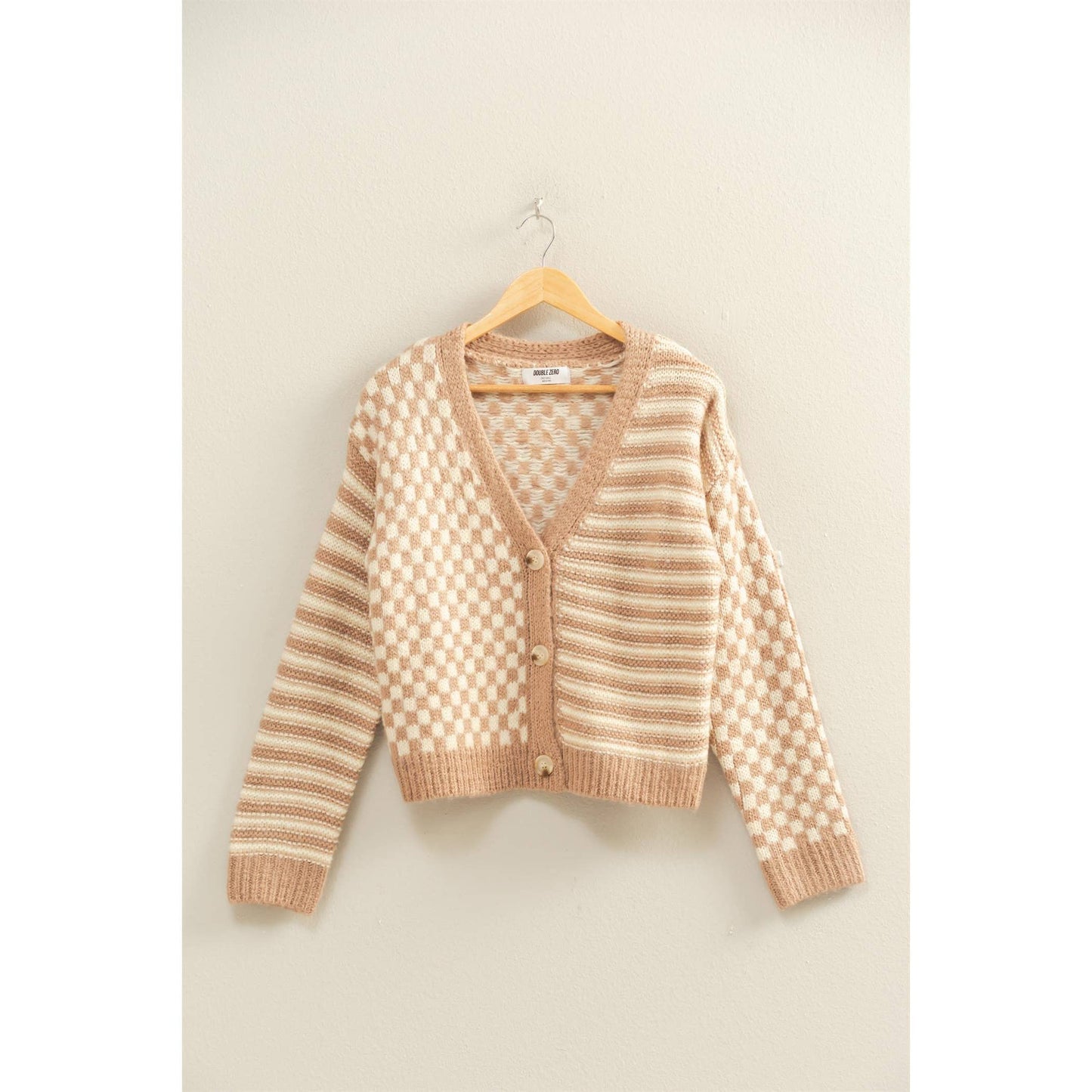 Checker And Stripe Contrast Knit Cardigan Sweater: SOFT PINK/CREAM / S-M-L(2-2-2)
