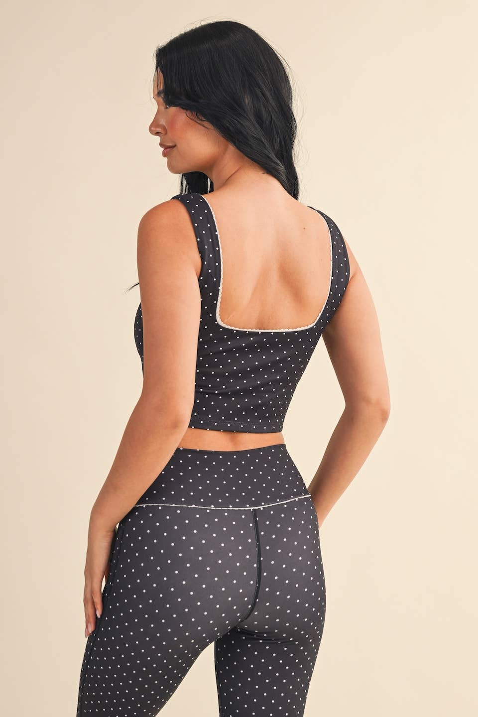 Polka Dot Print Crop Tank with Lace Trim: Black Polka Dot / M