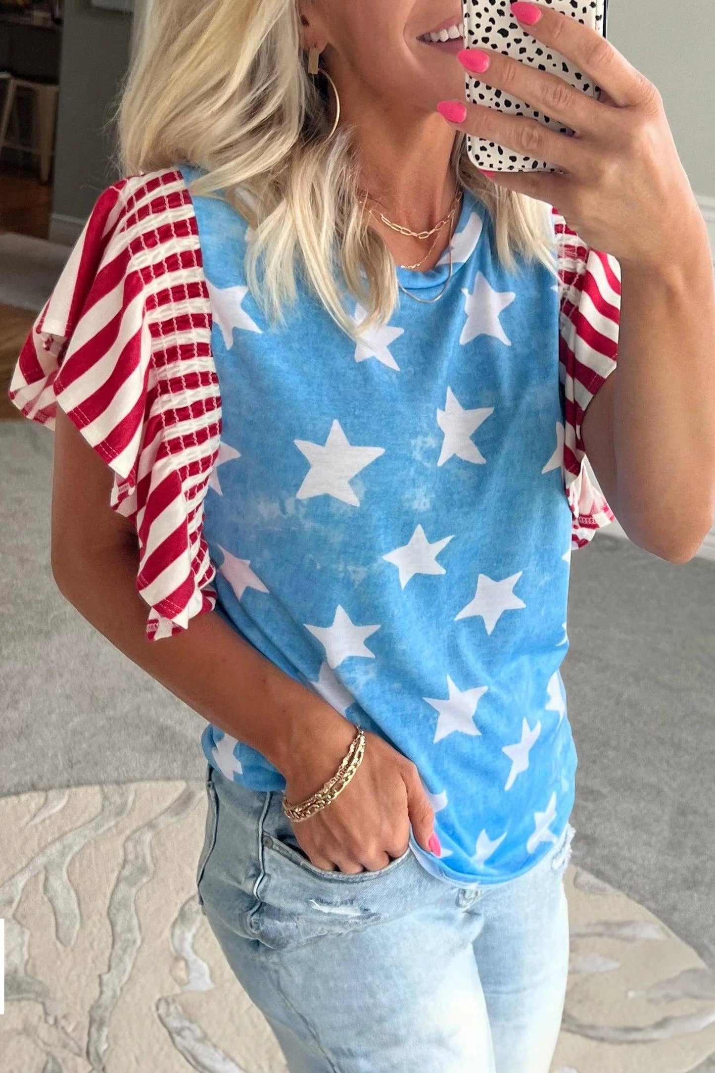 Blue Star Print Ruffle Sleeve Flag Day Patriotic Top: Sky Blue / 95%Polyester+5%Elastane / S