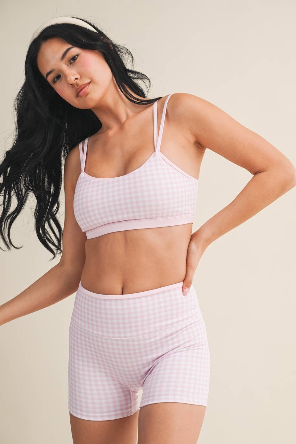 Gingham Print Double Layered Sports Bra: Red Gingham / S