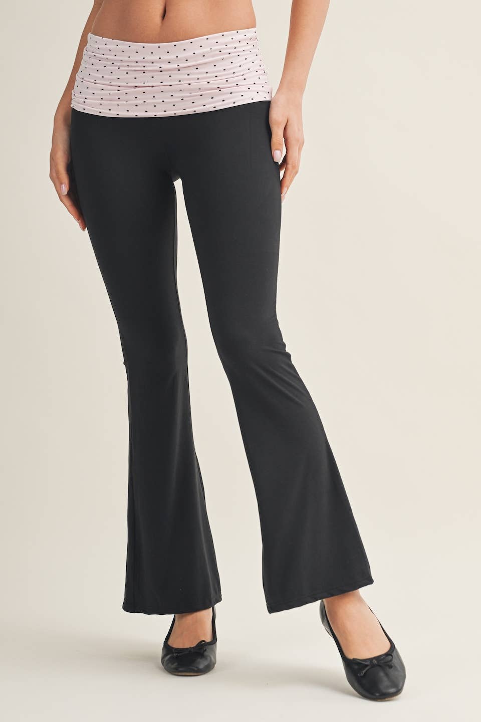 Polka Dot Soft Knit Foldover Flare Pants: Blue/Black Polka Dot / L