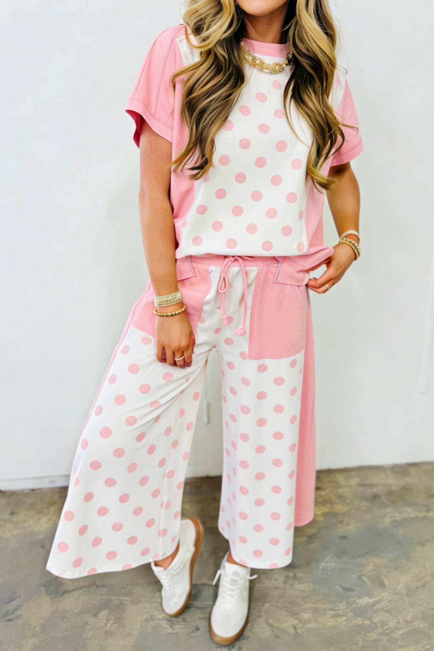 66 Polka Dot Top and High Waist Shorts 2pcs Set (S-XL): Sky Blue / S