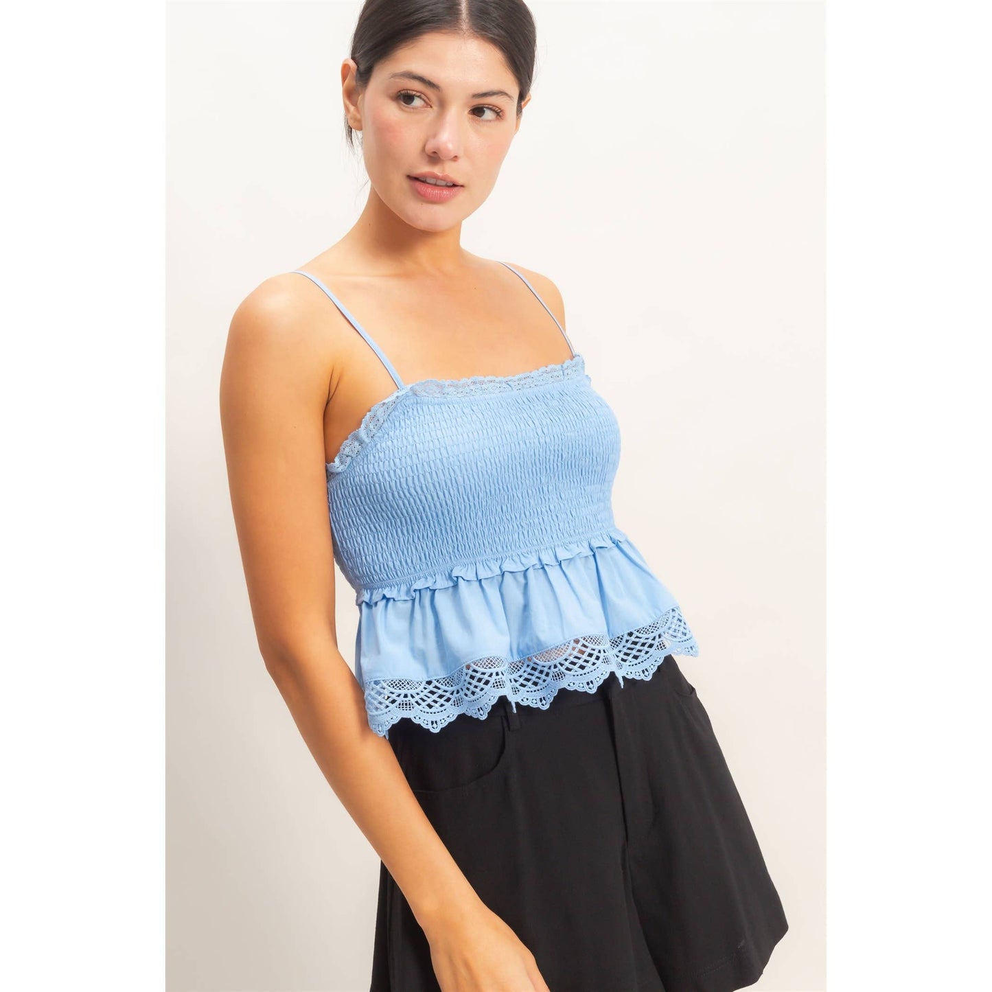 Smocked Peplum Top With Lace Trim: YELLOW / S-M-L(2-2-2)