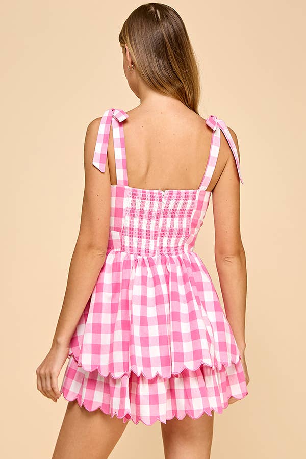 Plaid dress with scallop detail with tied shoulder strap: PINK / M