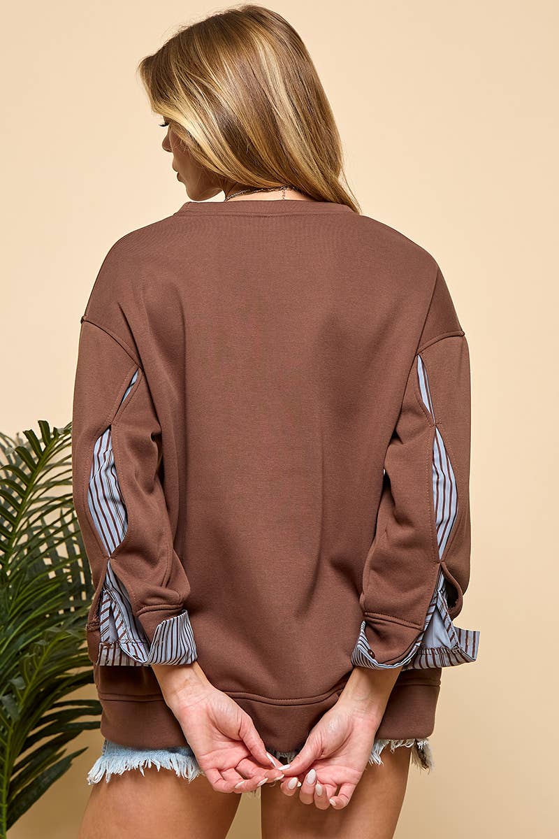 Stripe Detail Long Sleeve Sweatshirt: Brown / L