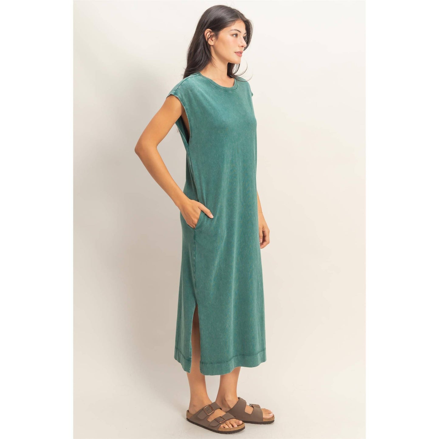 Mineral Wash Cap Sleeve Midi Dress: DARK TEAL / S-M-L(2-2-2)