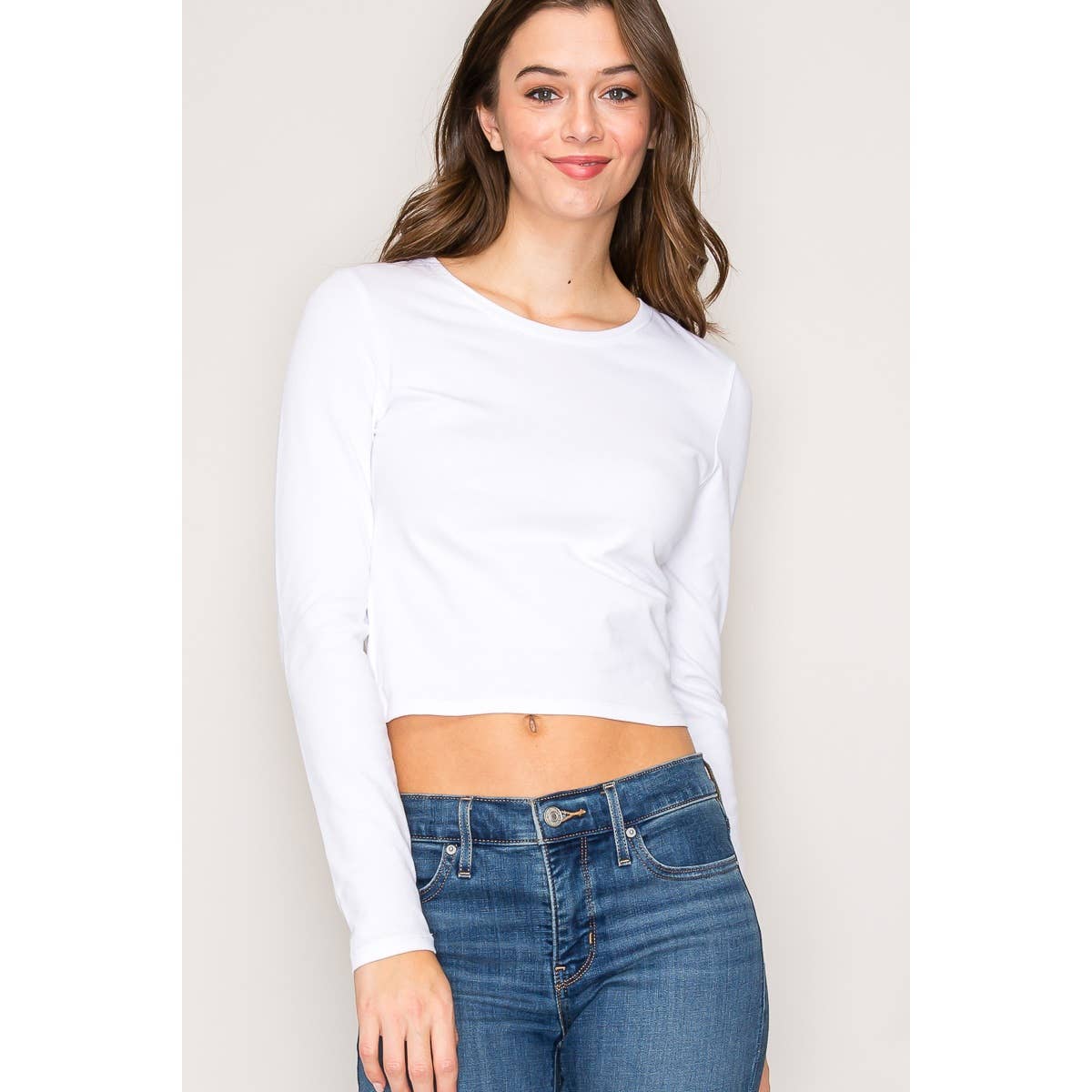 Crew Neck Long Sleeve Crop Top: Black / S-M-L(2-2-2)