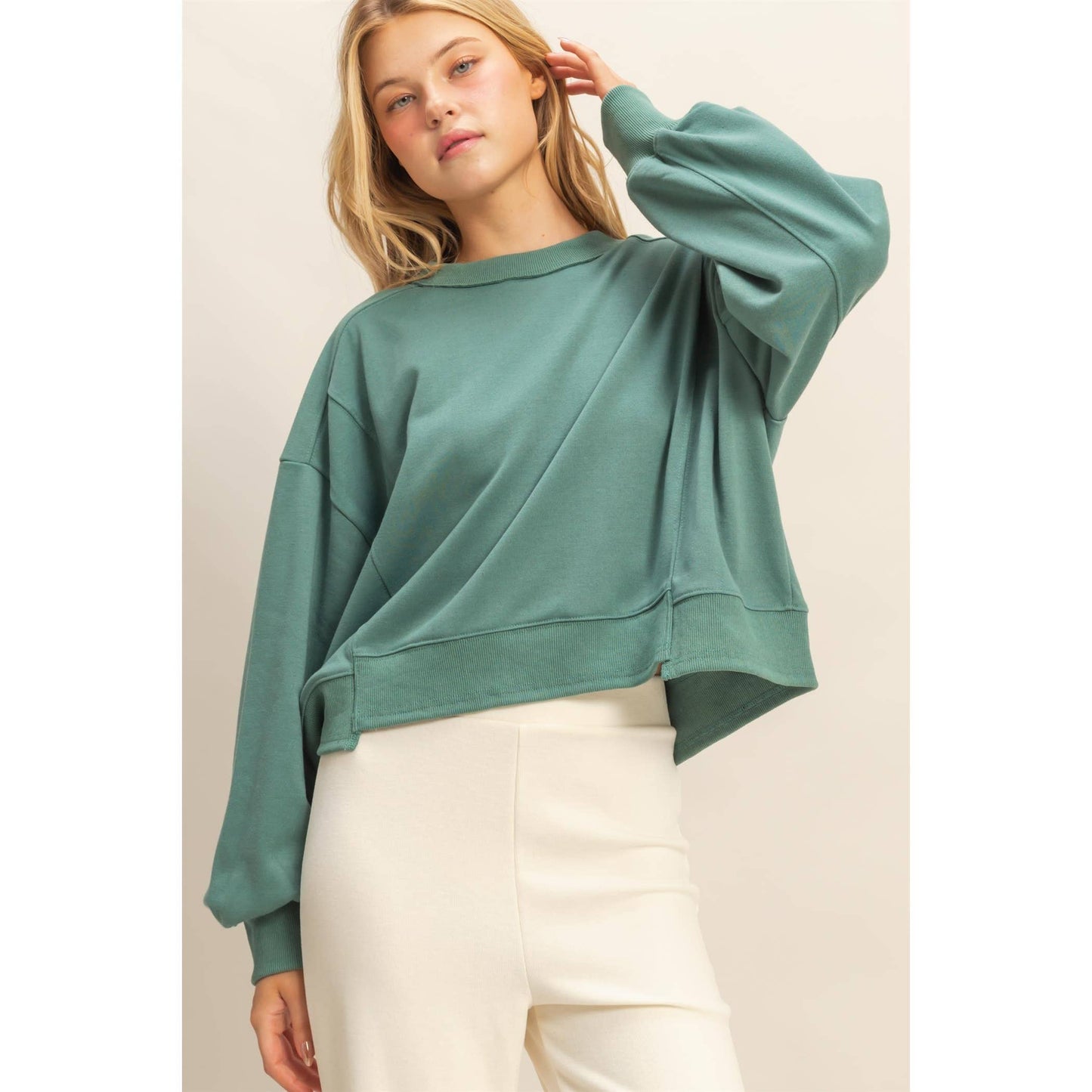 Layered Hem Sweatshirt With Raw Edges: MOSS GREEN / S-M-L(2-2-2)