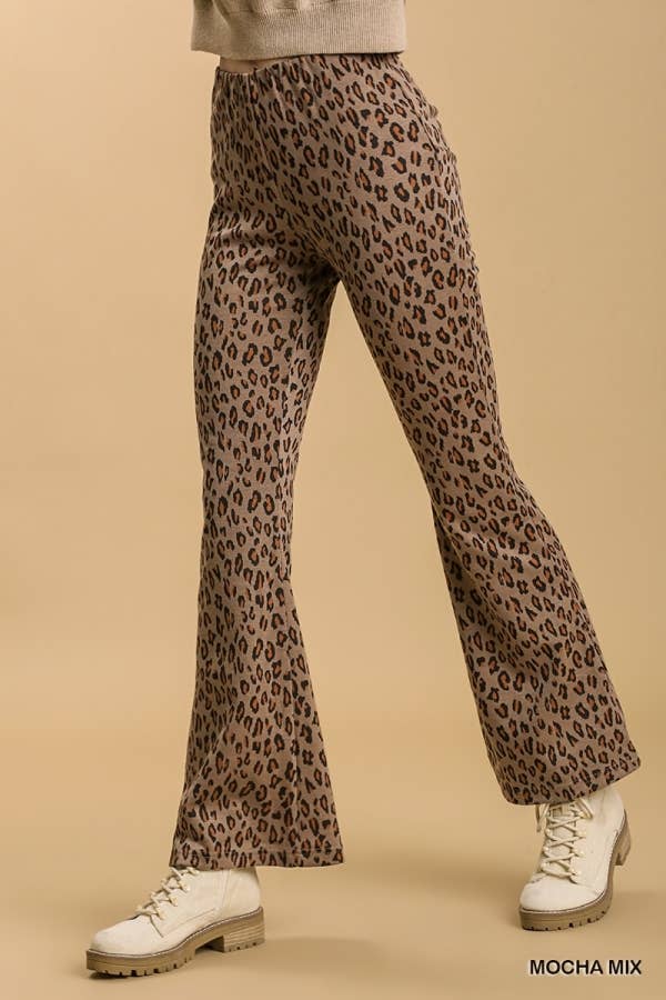 Animal Print Stretch Bell Bottom Pants With Elastic Waistban: MOCHA MIX / 2-2-2 (S-M-L)