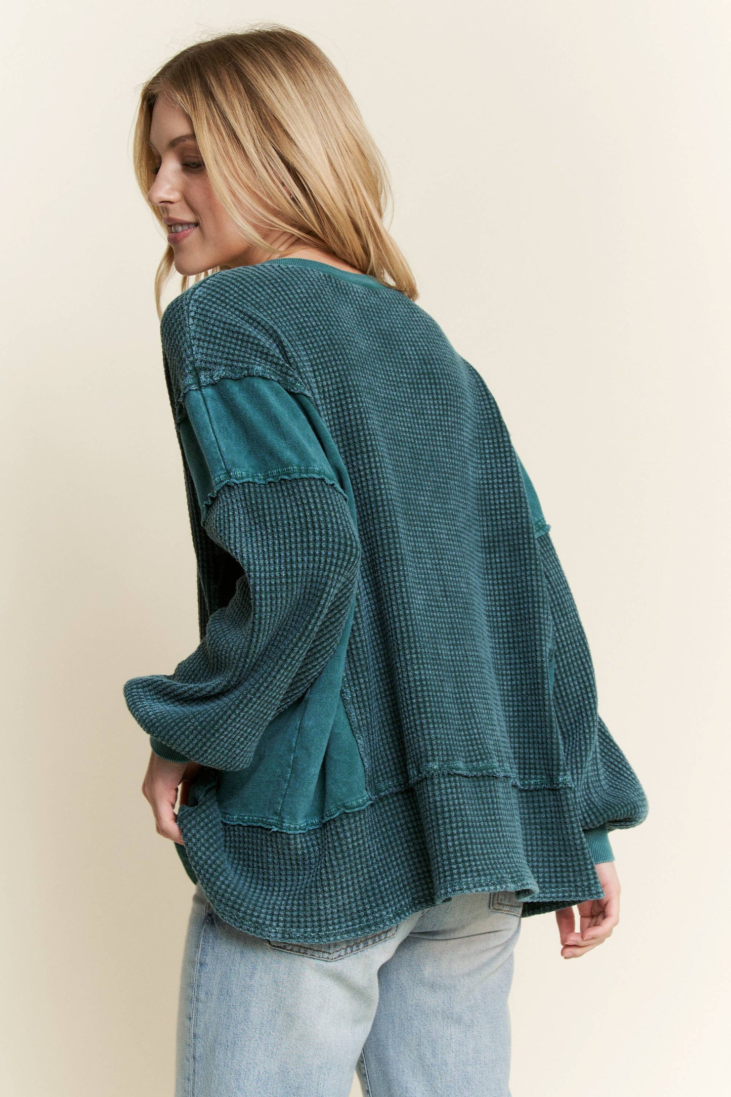 MineralWash Waffle and terry oversized fall shirt HT5989.: Midnight Green / S-M-L / 2-2-2