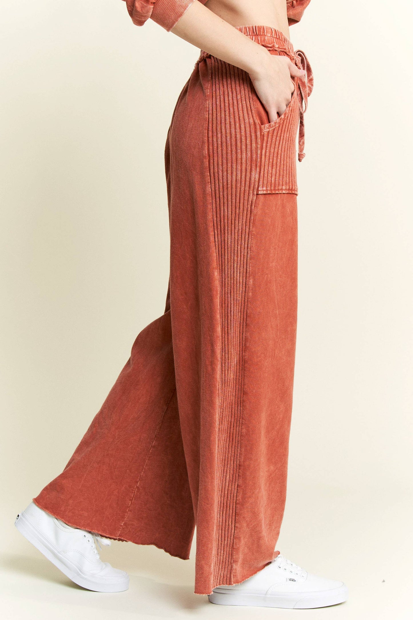 Mineral Wash Side Knit detail wide leg pants HE5878P..: Olive / S-M-L / 2-2-2