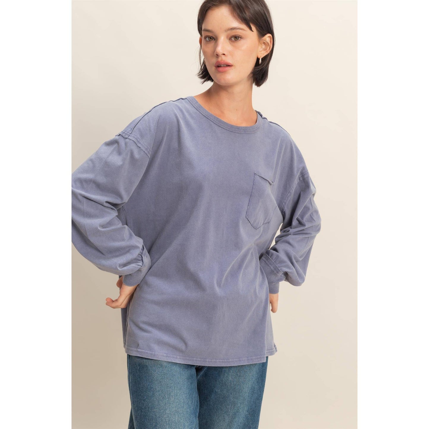 Oversized Washed Long Sleeve Pocket Tee: BLACK / S-M-L(2-2-2)