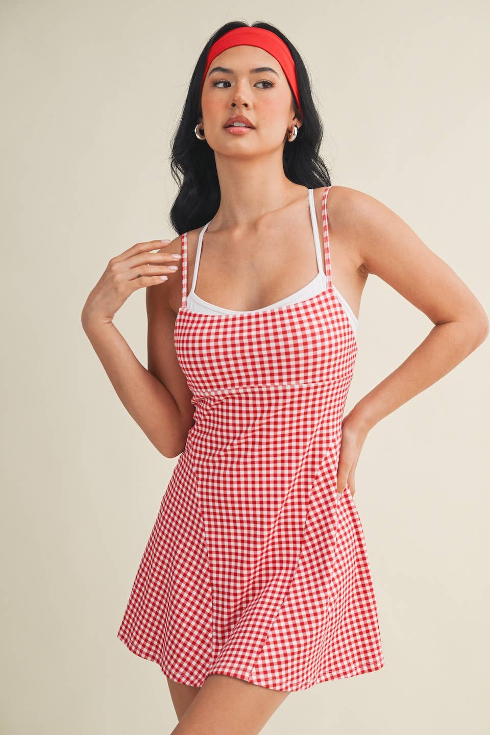 Gingham Print Double Layered Dress: Blue Gingham / M