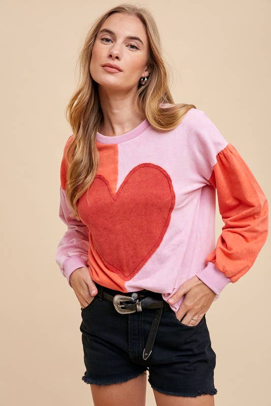 Heart Patch Mineral Wash Color Block Pullover: MINERAL RED/PINK / 2-2-2-2 (S-M-L-XL)