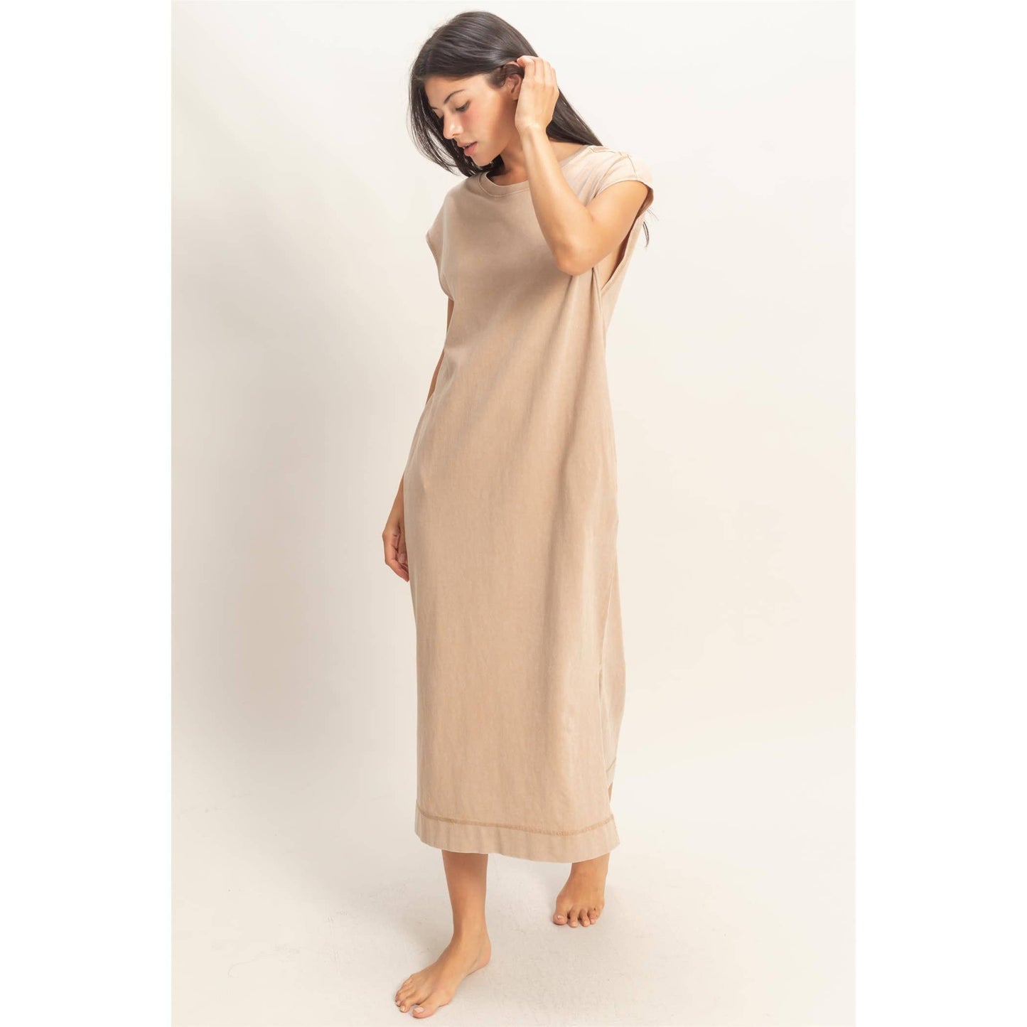 Mineral Wash Cap Sleeve Midi Dress: CHOCOLATE / S-M-L(2-2-2)