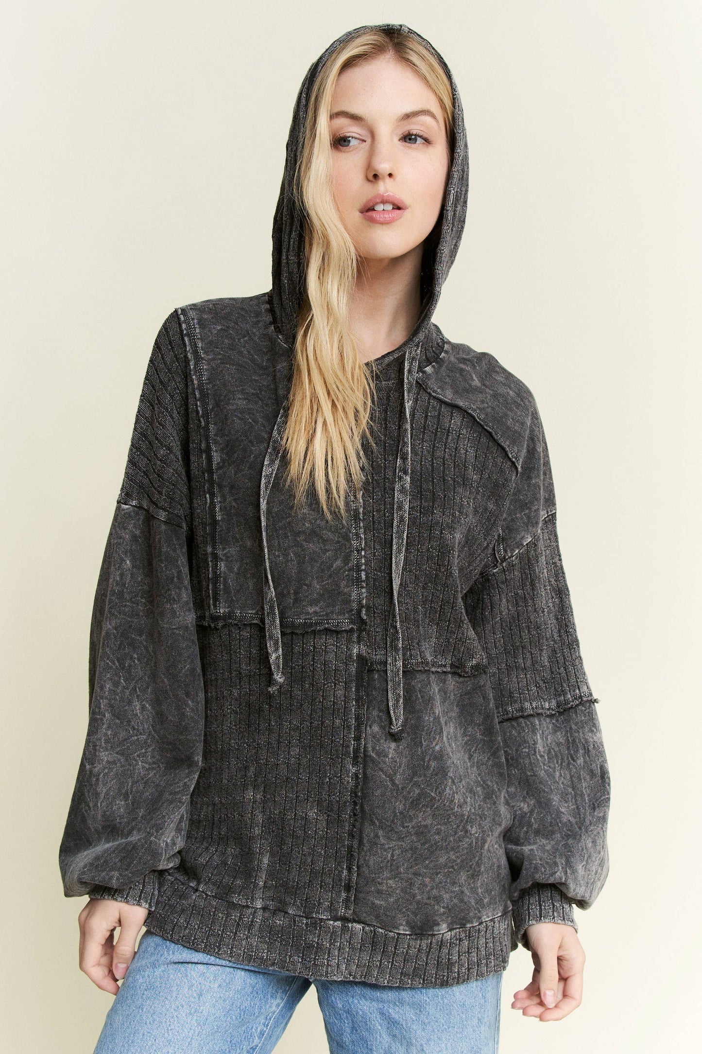 MineralWash Sweater block stitched hoodie shirt HT5969.: Olive / S-M-L / 2-2-2