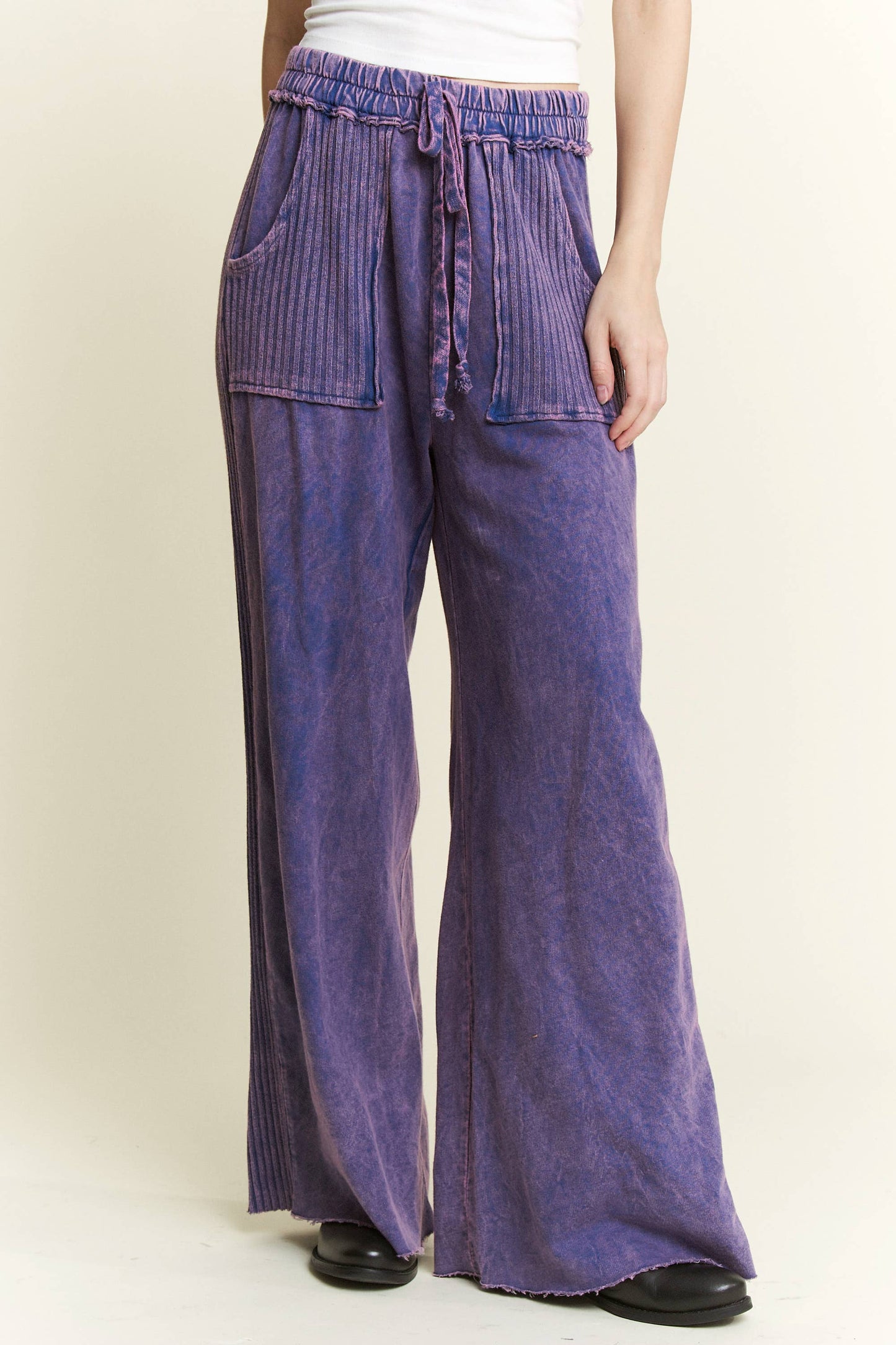 Mineral Wash Side Knit detail wide leg pants HE5878P..: Burgundy / S-M-L / 2-2-2