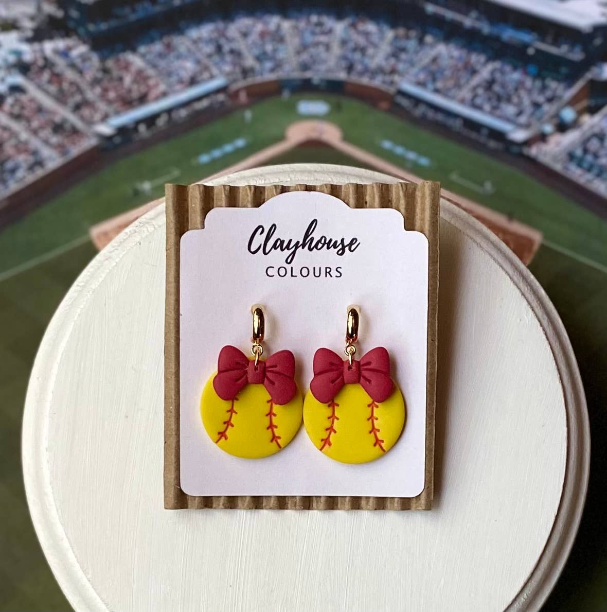 Softball with Bow Earrings : Pink Bow