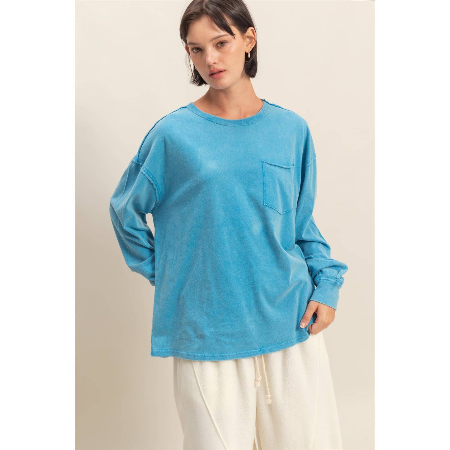 Oversized Washed Long Sleeve Pocket Tee: BLACK / S-M-L(2-2-2)