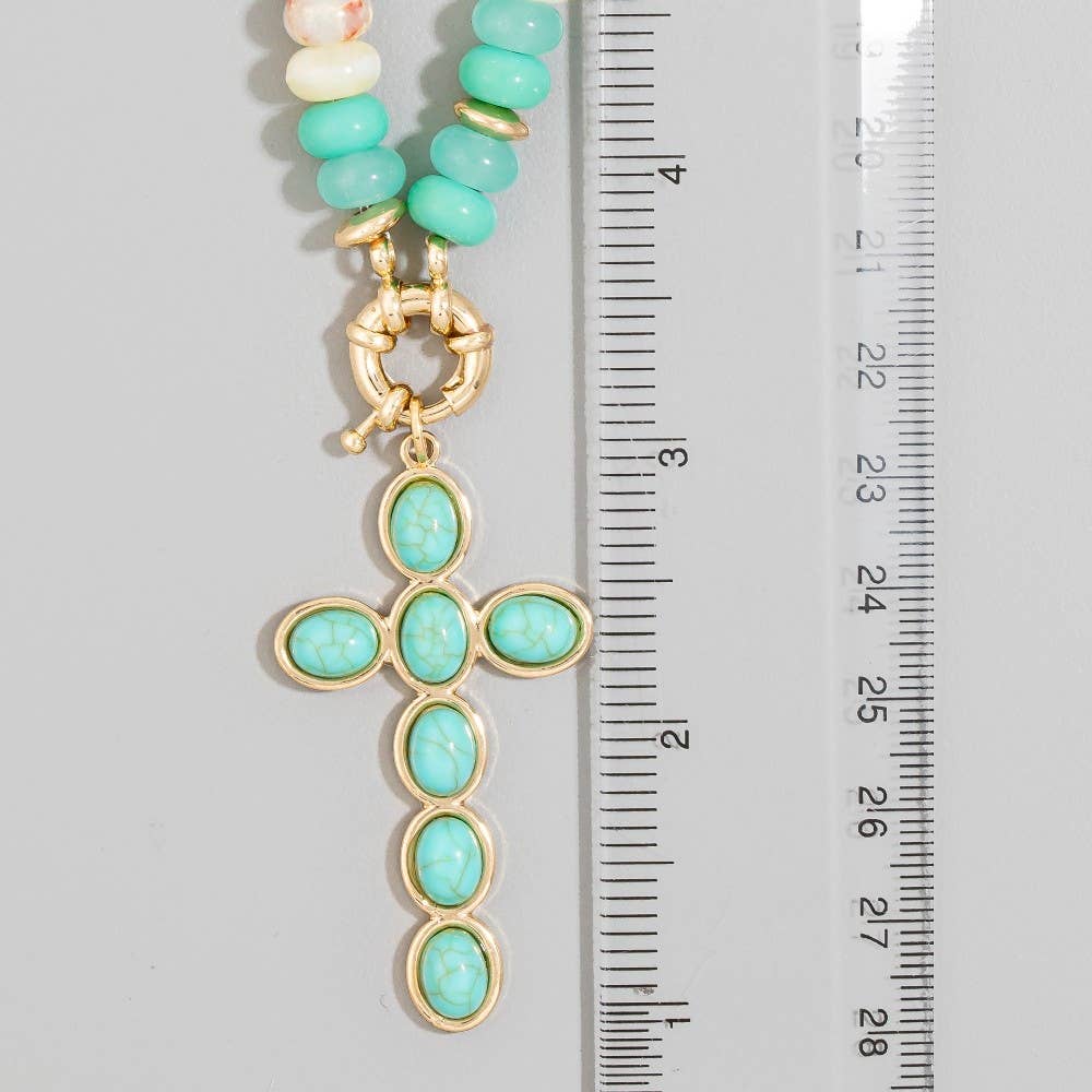 Semi Precious Stone Cross Pendant Necklace: NAT